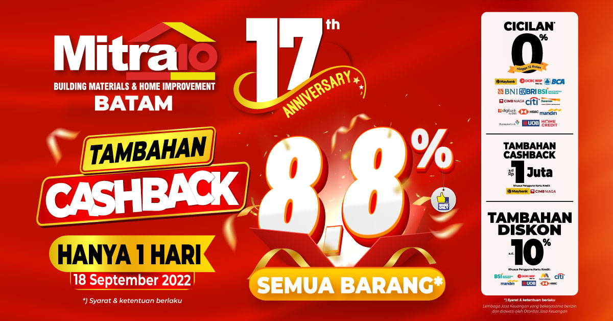 Nikmati Promo Ulang Tahun Mitra10 Batam Cashback 8,8%